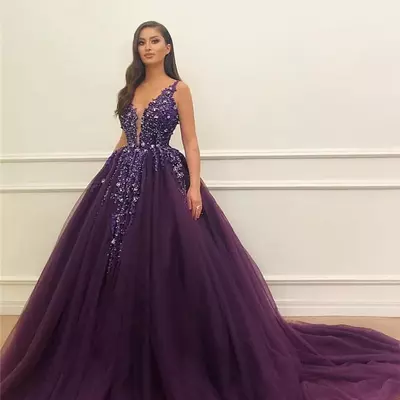 New arabic purple grape ball gown evening dresses v neck lace appliques crystal beaded tulle backless plus size middle east prom party gowns