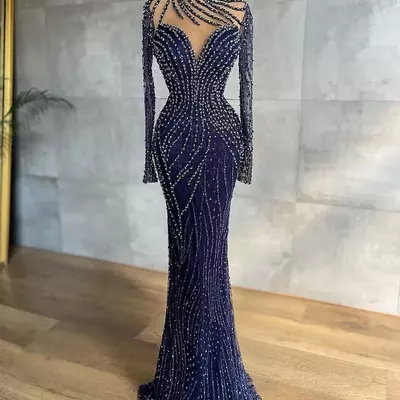 Plus size arabic aso ebi navy blue luxurious prom dresses beaded mermaid lace evening formal party second reception gowns dress