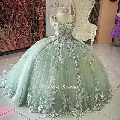 Mint green beading tassel quinceanera dress lace-up corset off shoulder 3d flowers appliques corset sweet 15 vestidos de custom made