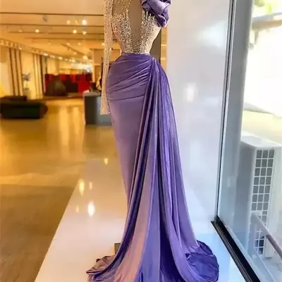 Purple velvet one shoulder prom evening dresses beaded ruffles formal dress for women elegant mermaid pleats robe de