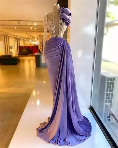 Purple Velvet One Shoulder Prom Evening Dresses Beaded Ruffles Formal Dress For Women Elegant Mermaid Pleats Robe De