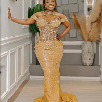 Aso ebi gold mermaid prom dress crystals off shoulder evening formal party second reception 50th birthday engagement gowns dresses 