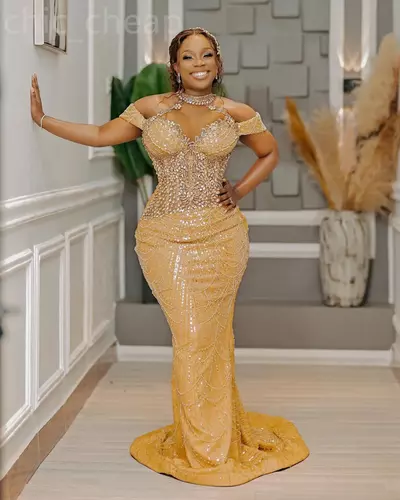 Aso Ebi Gold Mermaid Prom Dress Crystals Off Shoulder Evening Formal Party Second Reception 50Th Birthday Engagement Gowns Dresses 