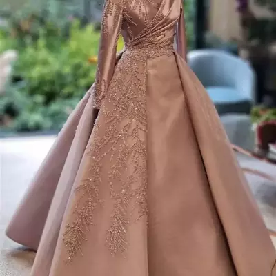 Elegant satin sleeve muslim evening dresses real image beaded long birthday party formal gowns