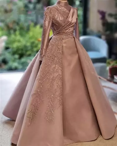 Elegant Satin Sleeve Muslim Evening Dresses Real Image Beaded Long Birthday Party Formal Gowns