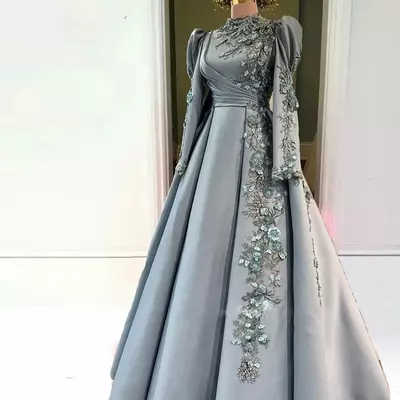 Sexy evening dresses wear high neck muslim long sleeves gray lace appliques flowers crystal ball gown satin prom dress party pageant formal dress