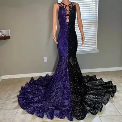 Black and purple sequined lace prom dresses for black girls birthday dress mermaid special evening ocn gowns