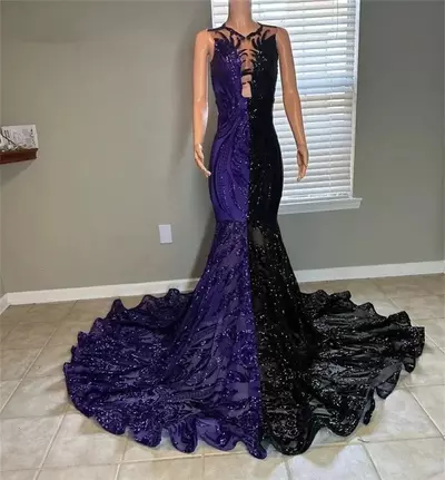 Black And Purple Sequined Lace Prom Dresses For Black Girls Birthday Dress Mermaid Special Evening Ocn Gowns