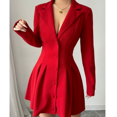 Women's button red v-neck long sleeved dress