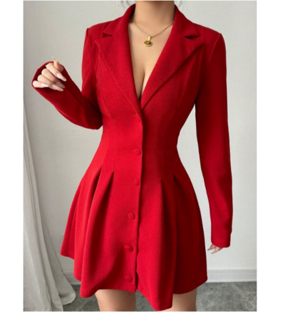 Women'S Button Red V-Neck Long Sleeved Dress