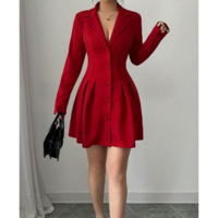 Women'S Button Red V-Neck Long Sleeved Dress - Thumbnail 1
