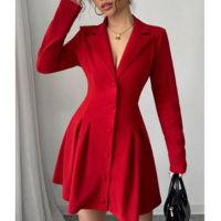 Women'S Button Red V-Neck Long Sleeved Dress - Thumbnail 2