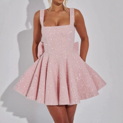 Temperament bow sleeveless high waisted dress