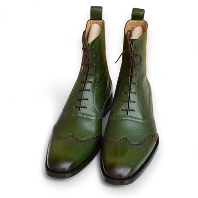 Crafted leather green classic handmade men ankle high wingtip lace up dress boot