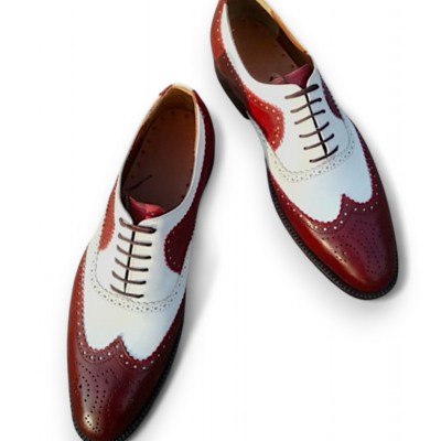 Crafted leather men maroon white leather oxford dress wingtip shoes - Thumbnail 1
