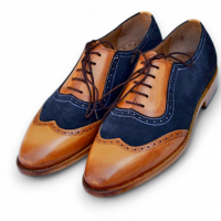 Crafted Leather Brown Blue Suede Leather Handmade Wingtip Oxford Dress Shoes - Thumbnail 1
