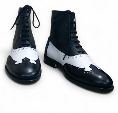Crafted Leather Black White Leather Classic Wingtip Ankle High Lace up Dress Boot
