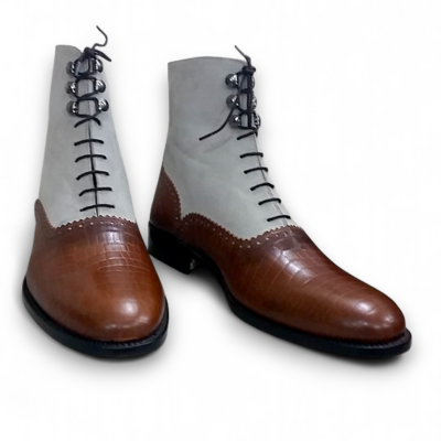 Crafted leather brown crocodile and gray suede leather ankle high men lace up dress boot