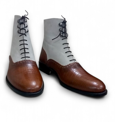 Crafted Leather Brown Crocodile and Gray Suede Leather Ankle High Men Lace up Dress Boot