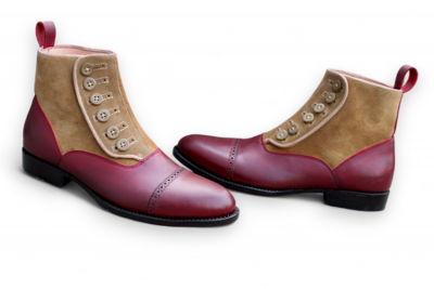 Crafted Leather Men Brown Suede and Red Leather Button Ankle High Dress Boot