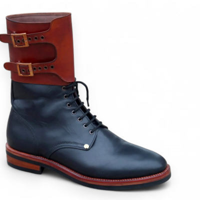 Crafted leather black ankle high lace up genuine leather men double buckle military boot