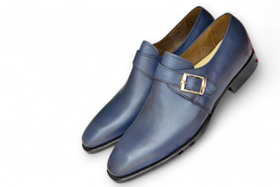 Crafted Leather Blue Calf Leather Monk Strap Dress Shoes