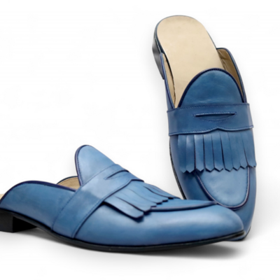 Crafted leather blue fringes leather dress loafers slippers shoes - Thumbnail 2