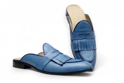 Crafted Leather Blue Fringes Leather Dress Loafers Slippers Shoes