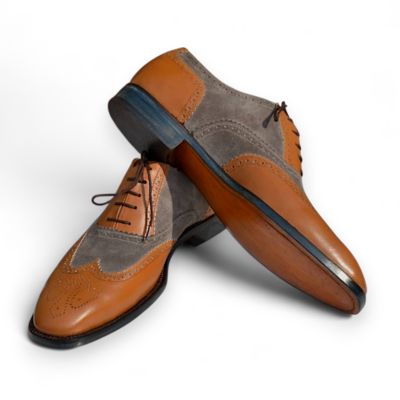 Crafted leather brown gray suede leather wingtip men oxford lace up dress shoes - Thumbnail 1