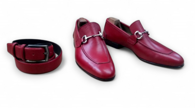 Crafted Leather Classic Handmade Maroon Horsebit Loafers Moccasin Formal Dress Shoes with Matching Belt