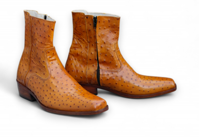 Crafted Leather Classic Brown Ostrich Leather Side Zipper Cowboy Boot