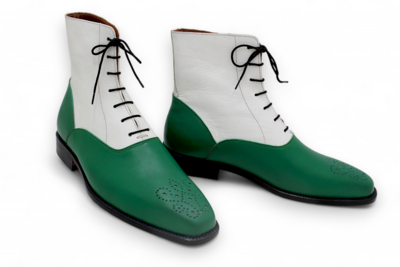 Crafted Leather Handmade Men Two Tone Lace Up Boots , Green & White Ankle High Dress Boots