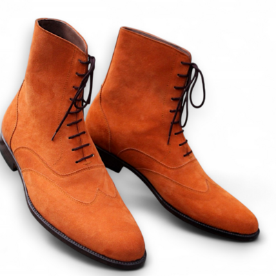 Crafted leather classic tan suede leather ankle high lace up wingtip dress boot
