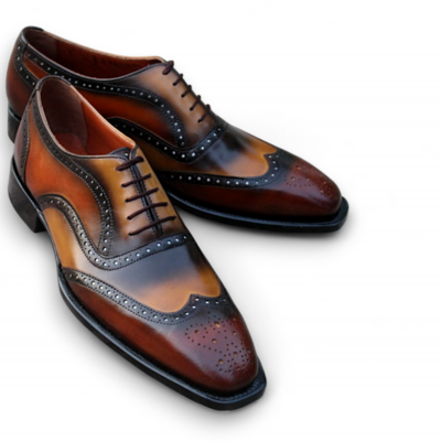 Crafted leather classic new mens brown tan patina leather wingtip oxord dress shoes