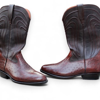Crafted leather classic men's fashion dark brown ostrich leather cowboy boots