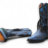 Crafted Leather New Classic Blue Fringes Design Ankle Cowboy Boot - Thumbnail 1