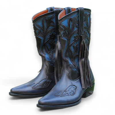 Crafted leather new classic blue fringes design ankle cowboy boot