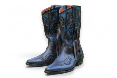 Crafted Leather New Classic Blue Fringes Design Ankle Cowboy Boot