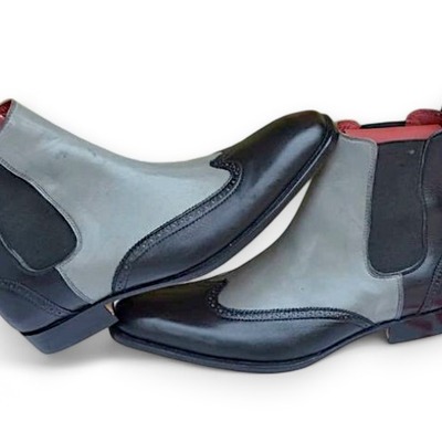 Crafted leather men black gray wingtip style chelsea boot