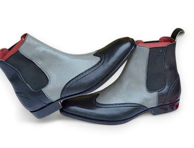 Crafted Leather Men Black Gray Wingtip Style Chelsea Boot