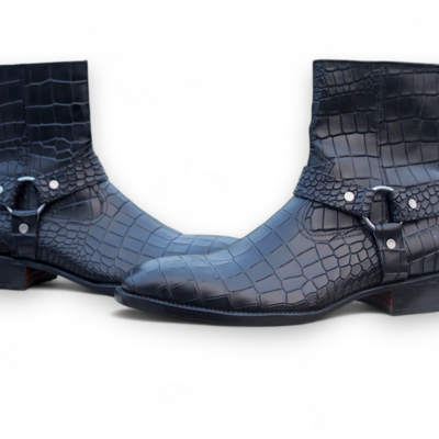Crafted leather handmade men's black crocodile high ankle jodhpurs boot