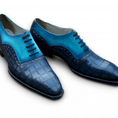 Crafted leather classic and luxury blue suede crocodile/alligator oxford lace up dress shoes