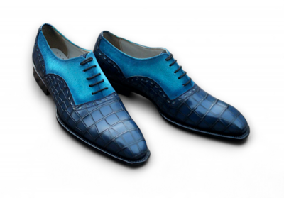Crafted Leather Classic and Luxury Blue Suede Crocodile/Alligator Oxford Lace up Dress Shoes