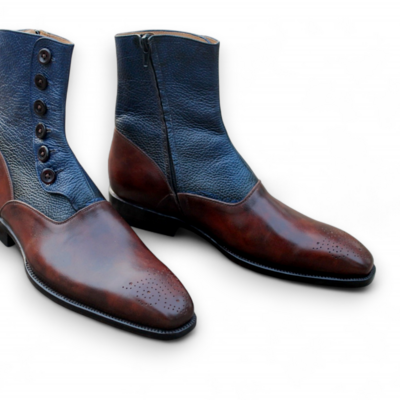 Crafted leather classic dark brown blue leather side zipper high ankle handmade men button dress boot