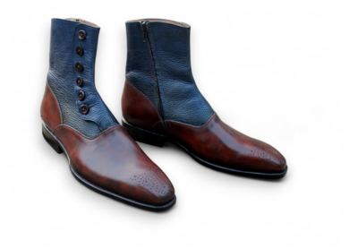 Crafted Leather Classic Dark Brown Blue Leather Side Zipper High Ankle Handmade Men Button Dress Boot