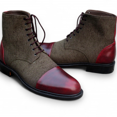 Crafted leather brown and tweed leather handmade men ankle high lace up boot