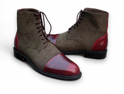 Crafted Leather Brown and Tweed Leather Handmade Men Ankle High Lace up Boot