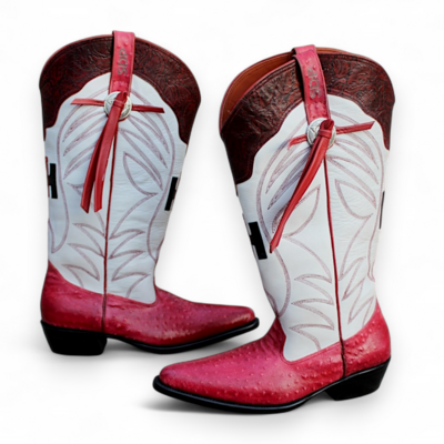 Crafted leather new handmade pink ostrich white leather designer long ankle high cowboy boot 