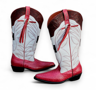 Crafted Leather New Handmade Pink Ostrich White Leather Designer Long Ankle High Cowboy Boot 