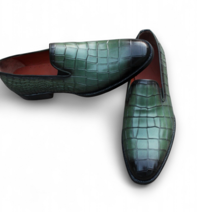 Crafted Leather Classic Handmade Men Green Crocodile/Alligator Loafers Dress Shoes